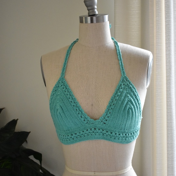 Turquoise Hand-Crochet Crop Bikini Top - Picture 4 of 7